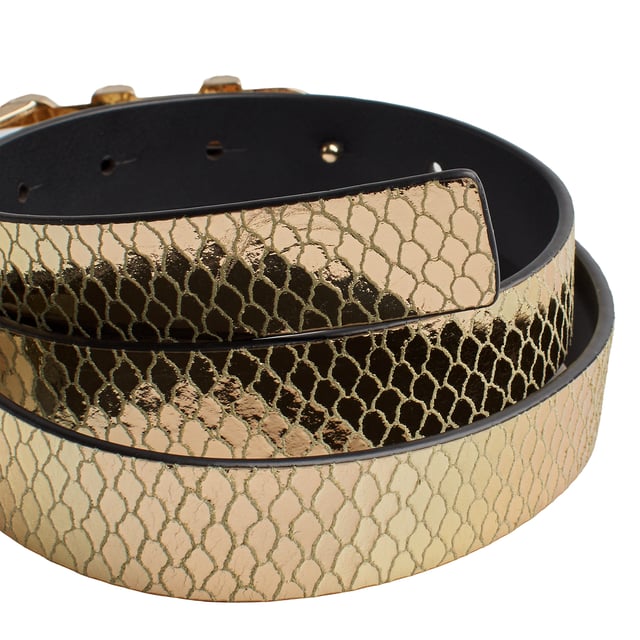 A buckle featuring Michael Michael Kors' polished Empire hardware adds a sleek touch to this reversible belt. It features a metallic snakeskin texture on one side and smooth leather on the other for versatility and style season after season.

 Details:
 - Accessory type: Reversible belt.
 - Material: Leather/metallic PVC.
 - Texture: Smooth/Snake.
 - Closure type: Classic buckle with snap closure.
 - Width: 2.5 cm.

 Size length:
 • XS = 86 cm.
 • S = 94 cm.
 • M = 102 cm.
 • L = 109 cm.
 • XL = 117 cm.
 • XXL = 124 cm.

 Each women's leather belt designed by Michael Kors is an affordable luxury with a touch of modern, unexpected, and comfortable glamour that offers a piece for every occasion.
 Composition: 51% Leather, 49% PVC
 Care:
Clean with a soft, dry cloth.
 Avoid prolonged exposure to the sun and humidity.
