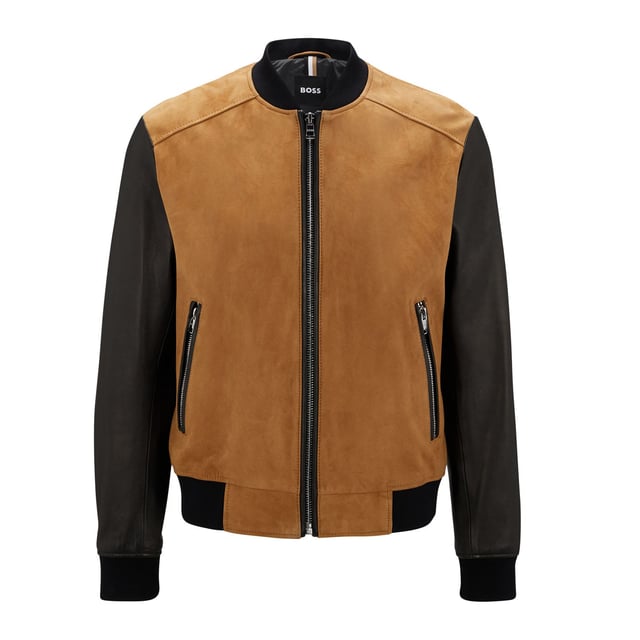 modern bomber style - suede and nappa leather mix - chunky silver zipper -  knitted bodyhem and sleeve cuffs - chunky siver zipper - main material: 100% suede leather - goat - 100% grain leather - sheep - lining: 100% polyester - specialist dry clean