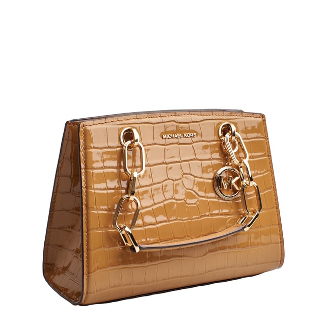 The Michael Kors Cynthia satchel, crafted from crocodile-textured leather, is the epitome of luxury and elegance. Its chain-link handles and decorative initial charm add a distinctive touch, while the adjustable strap offers versatility.

 Details:
 - Accessory Type: Satchel Bag.
 - Material: Cowhide.
 - Texture: Crocodile type.
 - Hardware: Gold tone.
 - Interior details: Back pocket with zipper and a plain front pocket.
 - Exterior details: Detachable and adjustable shoulder strap.
 - Closure: Top, magnetic snap closure.

 Each of Michael Kors' accessories collections boasts a strong identity, offering a fresh mix of timeless trends, colors, and silhouettes, combined with urban style and attitude. Each women's satchel designed by Michael Kors is an affordable luxury with a touch of modern, unexpected, and comfortable glamour, offering a piece for every occasion.
 Measures: 25 cm x 18 cm x 10.8 cm
 Composition: 100% Leather
 Care:
Clean with a soft, dry cloth.
 Avoid prolonged exposure to the sun and humidity.
 Do not apply abrasive products to the skin.
 Avoid contact with liquids and rough surfaces.