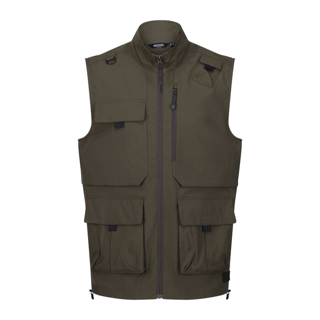 100% Polyester. Fabric: Stretch. Design: Plain. Fabric Technology: DWR Finish, Isoflex, Quick Dry. D-Ring, Packaway. Sleeve-Type: Sleeveless. Neckline: Standing Collar. Pockets: 2 Chest Pockets, Zip, 2 Lower Pockets, Patch, Touch Fastening. Fastening: Full Zip. Hem: Drawcord. Sustainability: Made from Recycled Materials. S: 38 in. M: 40 in. L: 42 in. XL: 44 in. XXL: 48 in. 3XL: 51 in.