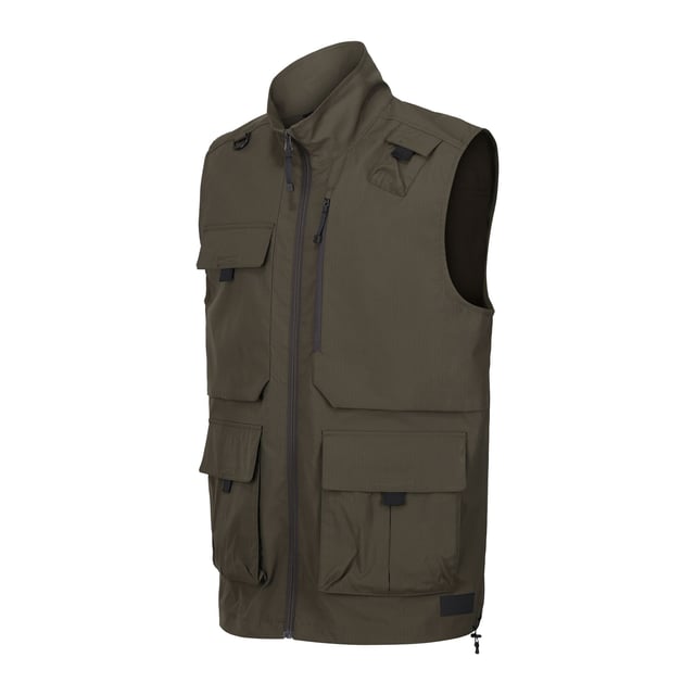 100% Polyester. Fabric: Stretch. Design: Plain. Fabric Technology: DWR Finish, Isoflex, Quick Dry. D-Ring, Packaway. Sleeve-Type: Sleeveless. Neckline: Standing Collar. Pockets: 2 Chest Pockets, Zip, 2 Lower Pockets, Patch, Touch Fastening. Fastening: Full Zip. Hem: Drawcord. Sustainability: Made from Recycled Materials. S: 38 in. M: 40 in. L: 42 in. XL: 44 in. XXL: 48 in. 3XL: 51 in.