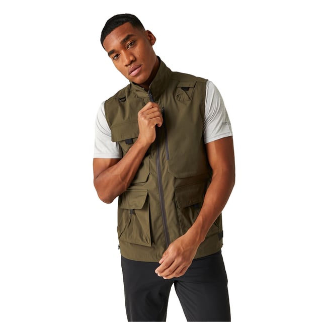 100% Polyester. Fabric: Stretch. Design: Plain. Fabric Technology: DWR Finish, Isoflex, Quick Dry. D-Ring, Packaway. Sleeve-Type: Sleeveless. Neckline: Standing Collar. Pockets: 2 Chest Pockets, Zip, 2 Lower Pockets, Patch, Touch Fastening. Fastening: Full Zip. Hem: Drawcord. Sustainability: Made from Recycled Materials. S: 38 in. M: 40 in. L: 42 in. XL: 44 in. XXL: 48 in. 3XL: 51 in.