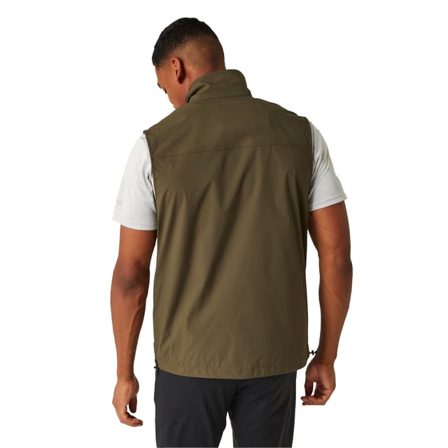 100% Polyester. Fabric: Stretch. Design: Plain. Fabric Technology: DWR Finish, Isoflex, Quick Dry. D-Ring, Packaway. Sleeve-Type: Sleeveless. Neckline: Standing Collar. Pockets: 2 Chest Pockets, Zip, 2 Lower Pockets, Patch, Touch Fastening. Fastening: Full Zip. Hem: Drawcord. Sustainability: Made from Recycled Materials. S: 38 in. M: 40 in. L: 42 in. XL: 44 in. XXL: 48 in. 3XL: 51 in.