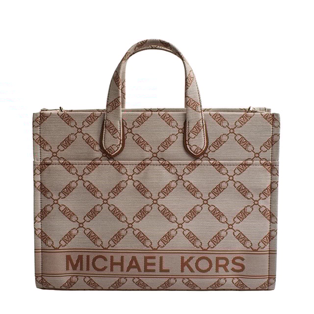 The Michael Kors Gigi tote is the perfect complement to virtually any look thanks to its neutral-toned jacquard chain and logo pattern. The large rectangular silhouette is the perfect size to carry just your everyday essentials and includes a versatile crossbody strap. Inside, there are convenient pockets for your keys and phone.

 Details:
 - Accessory Type: Tote Bag.
 - Material: Synthetic material with the repeated Empire logo.
 - Interior details: Back zipper pocket, 2 front pockets.
 - Exterior details: Front pocket with magnetic closure.
 - Handles: Double.
 - Includes shoulder strap and storage bag.
 - Closure: No closure.

 Each of Michael Kors' accessories collections boasts a strong identity, offering a fresh mix of timeless trends, colors, and silhouettes, combined with urban style and attitude. Each women's tote bag designed by Michael Kors is an affordable luxury with a touch of modern, unexpected, and comfortable glamour, offering a piece for every occasion.
 Measures: 39.4 cm x 29.8 cm x 13.3 cm
 Composition: 53.2% Cotton, 46.8% Polyester
 Care:
Clean with a soft, dry cloth.
 Avoid prolonged exposure to the sun and humidity.
 Avoid contact with liquids and rough surfaces.