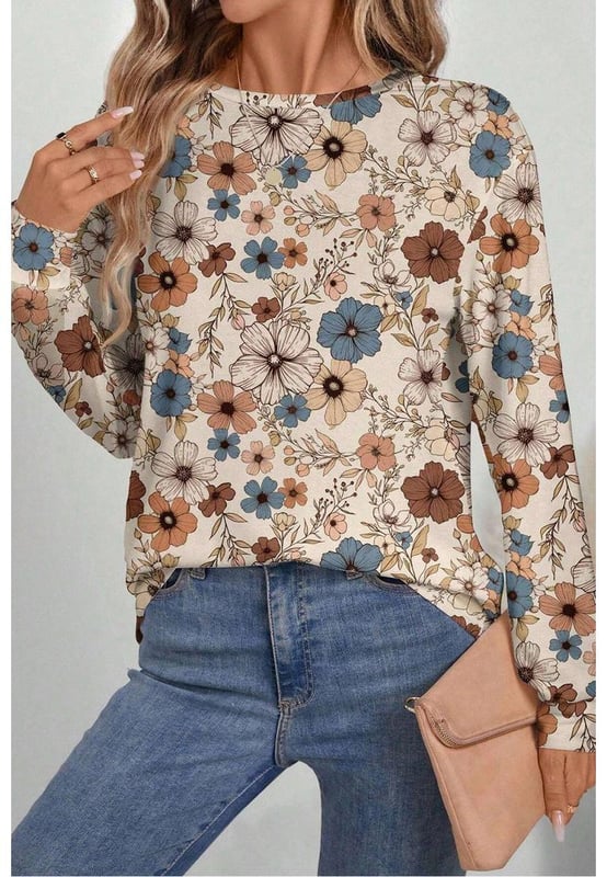 Khaki color with floral print
  Long sleeve design
  Crew neck style
  Loose fit for comfort
  Versatile and stylish for various occasions
  Ideal for pairing with jeans or leggings
Material: 95% Polyester 5% Elastane