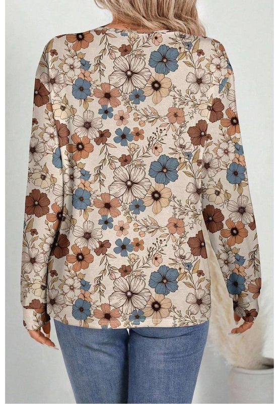 Khaki color with floral print
  Long sleeve design
  Crew neck style
  Loose fit for comfort
  Versatile and stylish for various occasions
  Ideal for pairing with jeans or leggings
Material: 95% Polyester 5% Elastane