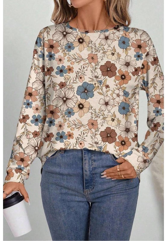 Khaki color with floral print
  Long sleeve design
  Crew neck style
  Loose fit for comfort
  Versatile and stylish for various occasions
  Ideal for pairing with jeans or leggings
Material: 95% Polyester 5% Elastane