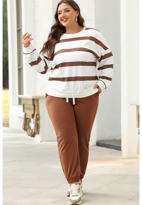 Patrón a rayas con estilo  
Suéter de hombro caído a la moda con corte holgado  
Pantalones jogger a juego con cintura elástica  
Ajuste cómodo y acogedor  
Perfecto para trabajo casual y uso diario  
Material: 100% Poliéster