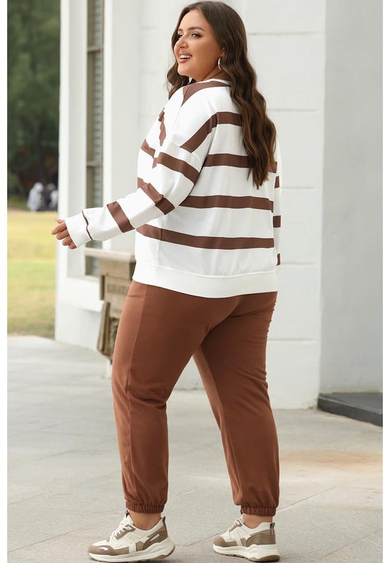 Patrón a rayas con estilo  
Suéter de hombro caído a la moda con corte holgado  
Pantalones jogger a juego con cintura elástica  
Ajuste cómodo y acogedor  
Perfecto para trabajo casual y uso diario  
Material: 100% Poliéster