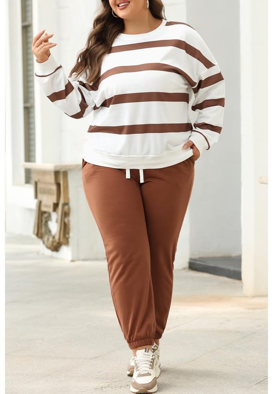 Patrón a rayas con estilo  
Suéter de hombro caído a la moda con corte holgado  
Pantalones jogger a juego con cintura elástica  
Ajuste cómodo y acogedor  
Perfecto para trabajo casual y uso diario  
Material: 100% Poliéster