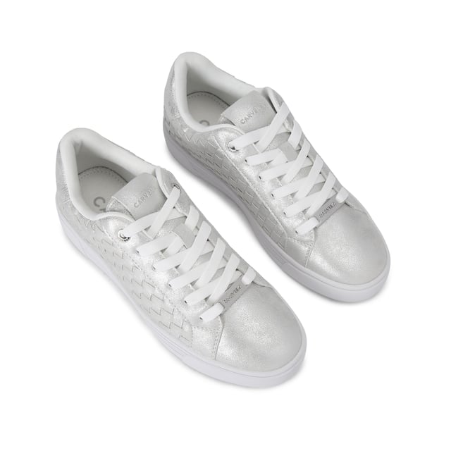 The Carvela Daze Weave trainer features a white upper with woven sides. The hardware is gold with embossed foil logo on the tongue.