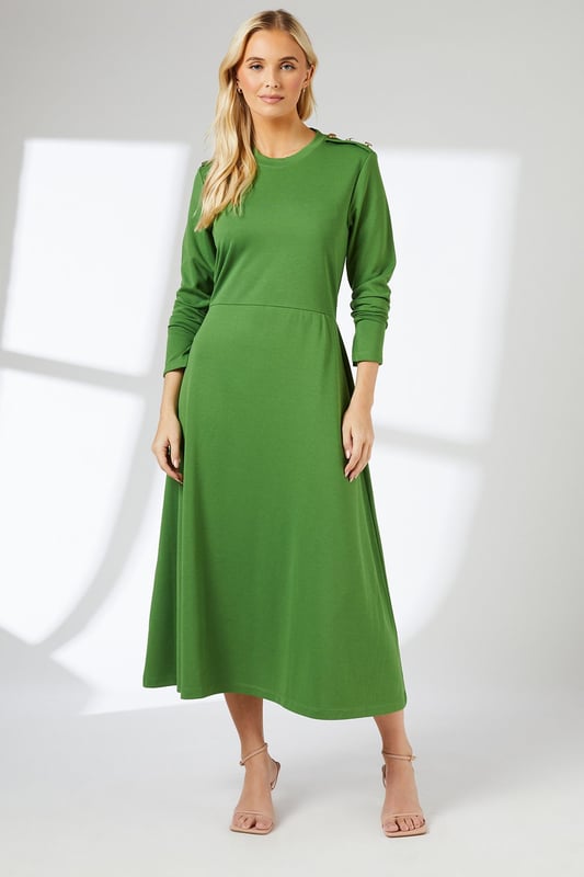 Green Button Detail Ponte Midi Dress