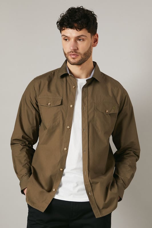 Versatile long sleeve shirt in poplin fabric
        Double chest pockets with button closures
        Classic collar and full-length button placket
        Adjustable cuffs for a customised fit
        Subtle brand detailing on the back yoke
    
    This Maine khaki poplin shirt is a wardrobe essential that seamlessly blends functionality with style. The double chest pockets add a utilitarian touch, perfect for those who appreciate practicality in their attire. Its versatile design makes it suitable for a range of casual occasions, from laid-back weekend brunches to family gatherings. Style it as seen on our model - pair it with dark trousers and white trainers for a smart-casual look that's effortlessly cool. For a more relaxed vibe, leave it unbuttoned over a plain white tee and combine with your favourite jeans. The adjustable cuffs allow you to roll up the sleeves for a more casual appearance or keep them buttoned for a neater finish. This shirt is a true chameleon in your wardrobe, easily dressed up or down to suit your needs, making it an indispensable piece for the modern British man.