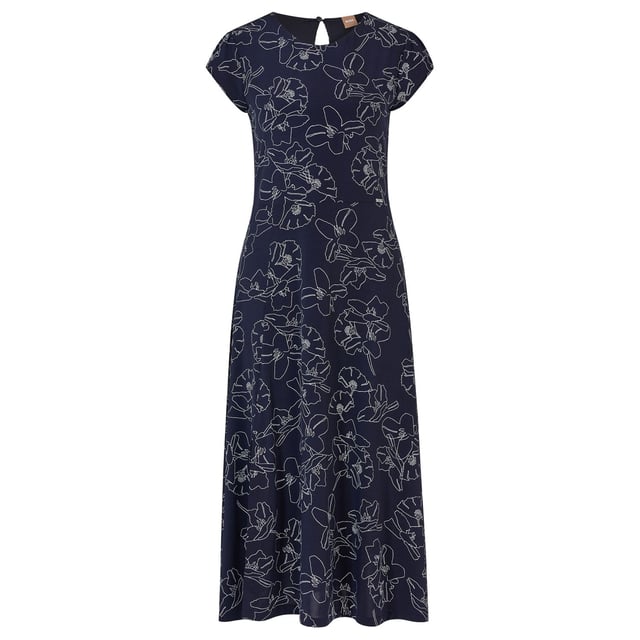 Women's Boss Eletas Dress.- Easy allover printed business dress with round neck and x-waist shape.- Cap sleeves with slightly ruffles.- Back slit detail and invisible zipper closure and mini button inside.- Slit detail at bottom front right part.- With lining inside. Material: 92% Viscose, 8% Elastane. Ref: 50472464963.