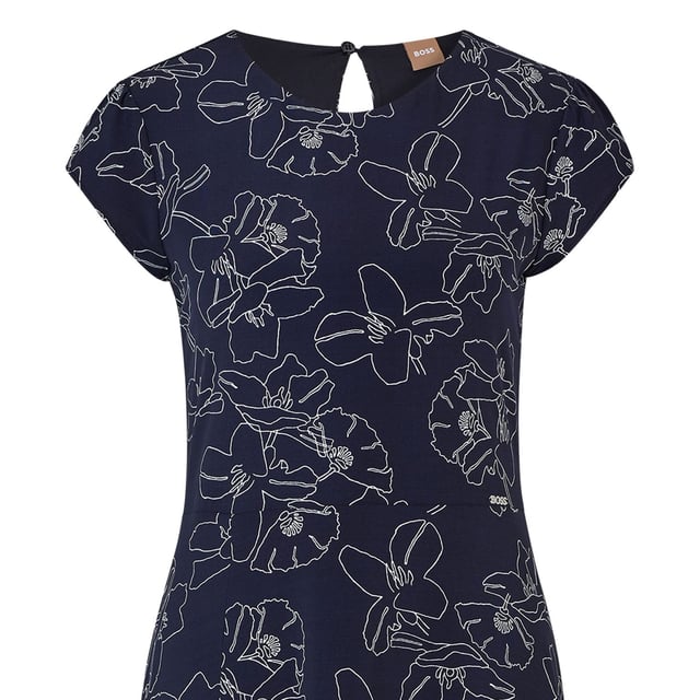 Women's Boss Eletas Dress.- Easy allover printed business dress with round neck and x-waist shape.- Cap sleeves with slightly ruffles.- Back slit detail and invisible zipper closure and mini button inside.- Slit detail at bottom front right part.- With lining inside. Material: 92% Viscose, 8% Elastane. Ref: 50472464963.
