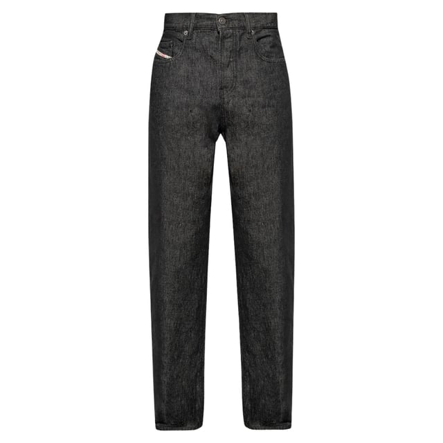 Diesel zwarte denim jeans, normale taille, taps toelopende pijpen, ritssluiting, 100% katoen, denim, grote gestikte badge, jeans met 5 zakken, Diesel zwarte jeans