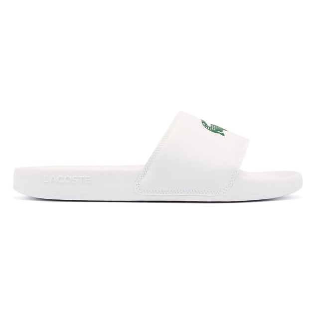 Slides featuring a smooth, rubberized upper for a sleek finish. Wide strap with bold logo detailing. Lightweight and durable design for all-day comfort.