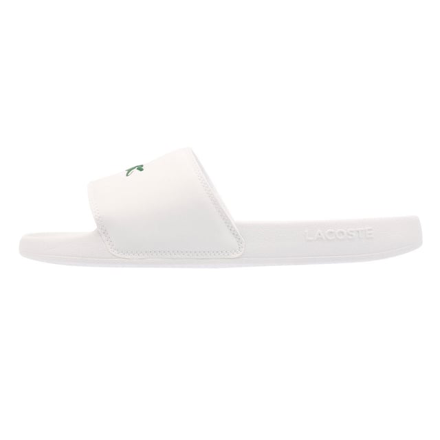 Slides featuring a smooth, rubberized upper for a sleek finish. Wide strap with bold logo detailing. Lightweight and durable design for all-day comfort.