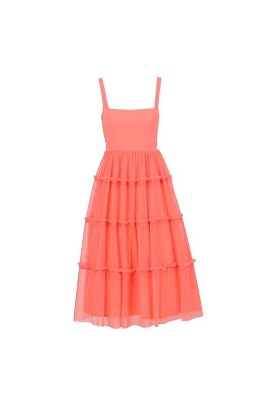 Modern fabric mixes make this classic fit and flare dress a sweet look. This midi dress features a fitted bodice with tank straps, a square neckline, and a tiered skirt. Fully lined, the bodice is crafted from a knit fabrication while the skirt is overlaid in mesh for added sweep. Pockets and a square back with centre zip closure complete this delightful party dress. Styled with nude heels and sparkling accessories, this midi dress is a timeless look from wedding guest duty to cocktail parties