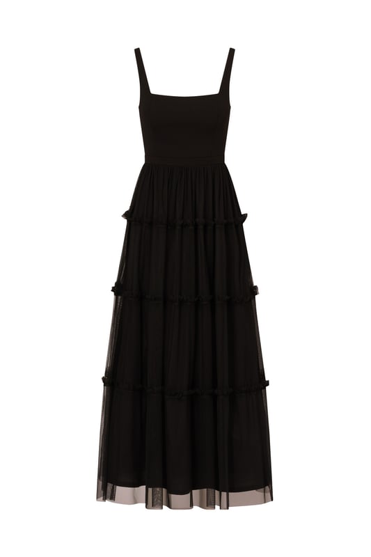 Modern fabric mixes make this classic fit and flare dress a sweet look. This midi dress features a fitted bodice with tank straps, a square neckline, and a tiered skirt. Fully lined, the bodice is crafted from a knit fabrication while the skirt is overlaid in mesh for added sweep. Pockets and a square back with centre zip closure complete this delightful party dress. Styled with nude heels and sparkling accessories, this midi dress is a timeless look from wedding guest duty to cocktail parties