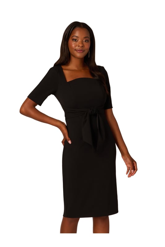 Wherever you go, go boldly in this three-quarter sleeve dress. Crafted from luxurious knit crepe fabric, this dress drapes beautifully while offering comfort and style. The ruffle mock neck adds a touch of femininity, complemented by practical pockets for added functionality. Complete with a self-tie bow at the neck for a hint of femininity, this dress effortlessly transitions from day to evening, making it a versatile addition to any wardrobe. Perfect for both casual outings and special occasions, you will love dressing this trapeze dress up or down.