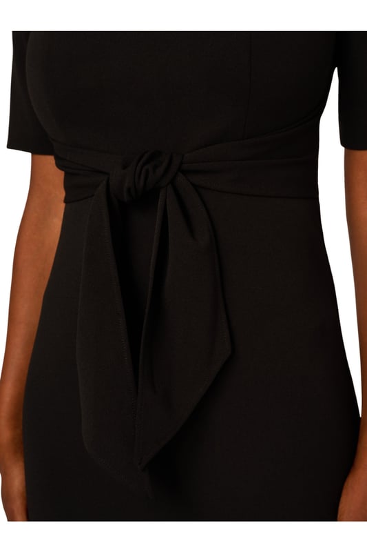 Wherever you go, go boldly in this three-quarter sleeve dress. Crafted from luxurious knit crepe fabric, this dress drapes beautifully while offering comfort and style. The ruffle mock neck adds a touch of femininity, complemented by practical pockets for added functionality. Complete with a self-tie bow at the neck for a hint of femininity, this dress effortlessly transitions from day to evening, making it a versatile addition to any wardrobe. Perfect for both casual outings and special occasions, you will love dressing this trapeze dress up or down.