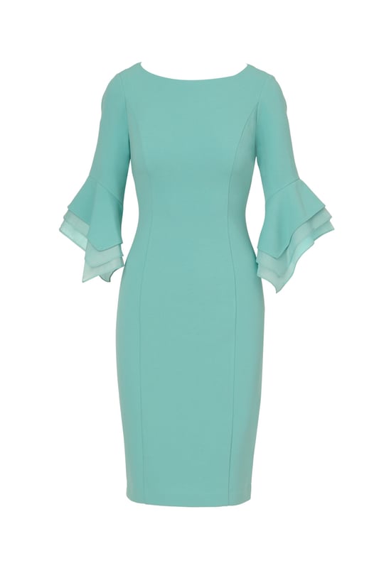 Dressed up meets versatile in this timeless sheath dress. This midi dress features a boat neckline, fitted silhouette through the body, and tiered three-quarter bell sleeves with organza accents. Crafted using knit crepe, this day dress has some stretch and no waist seam for a comfortable fit. A zipper back closure and a single pleat at the center back of the skirt hem completes the design.