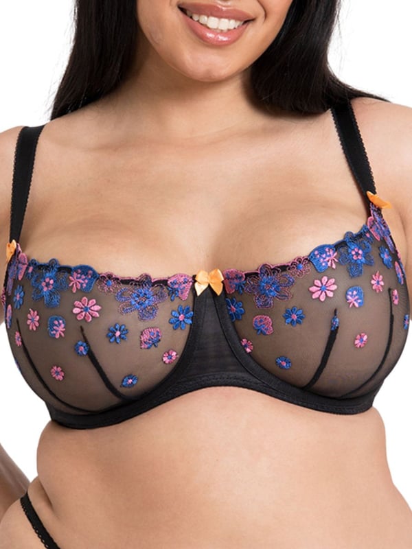Curvy Kate Strawberry Crush Balcony Bra. Non padded balcony with vertical seams, elastic edging, floral embroidery and sheer cups . The product is recommended for hand wash only.