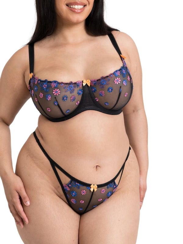 Curvy Kate Strawberry Crush Balcony Bra. Non padded balcony with vertical seams, elastic edging, floral embroidery and sheer cups . The product is recommended for hand wash only.