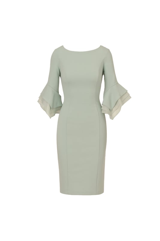 Dressed up meets versatile in this timeless sheath dress. This midi dress features a boat neckline, fitted silhouette through the body, and tiered three-quarter bell sleeves with organza accents. Crafted using knit crepe, this day dress has some stretch and no waist seam for a comfortable fit. A zipper back closure and a single pleat at the centre back of the skirt hem completes the design.