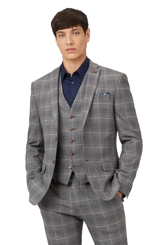 Check Jacket by Antique Rogue. Single breasted two button front slim fit jacket with a notch lapel and three button cuff. Style with matching trouser and waistcoat.