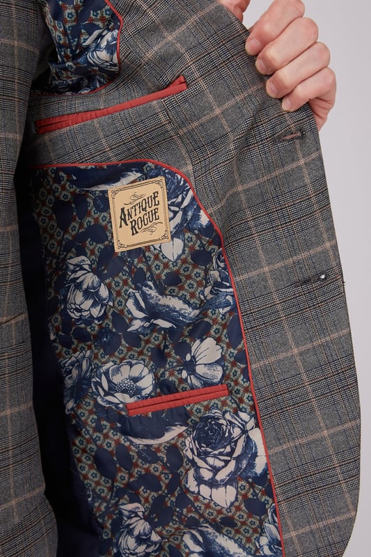 Check Jacket by Antique Rogue. Single breasted two button front slim fit jacket with a notch lapel and three button cuff. Style with matching trouser and waistcoat.