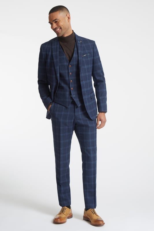 Effortlessly sharp, this navy tweed checked suit jacket features notch lapels, a two button fastening and a trademark slim fit, matched up with a statement lining.A classic suit by Antique Rogue, inspired by a rock and roll attitude and a more rebellious feel for menswear.