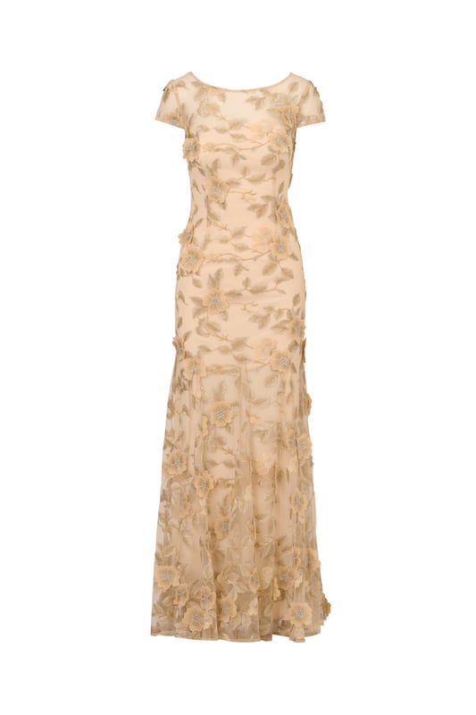 Evoke timeless elegance with this romantic cap sleeve gown. The sheer illusion neckline adds soft sophistication to this mermaid silhouette design. A back zipper closure ensures a fitted look through the bodice while the godet construction adds movement to the skirt. With a floral embroidered overlay finished in dimensional flower accents, this gown will make you feel like a work of art.