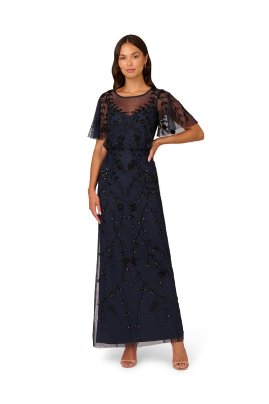 knee length dresses for ladies Adrianna Papell Art Deco Beaded Blouson Gown