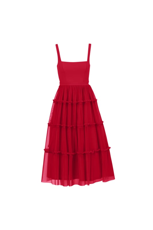Modern fabric mixes make this classic fit and flare dress a sweet look. This midi dress features a fitted bodice with tank straps, a square neckline, and a tiered skirt. Fully lined, the bodice is crafted from a knit fabrication while the skirt is overlaid in mesh for added sweep. Pockets and a square back with centre zip closure complete this delightful party dress. Styled with nude heels and sparkling accessories, this midi dress is a timeless look from wedding guest duty to cocktail parties