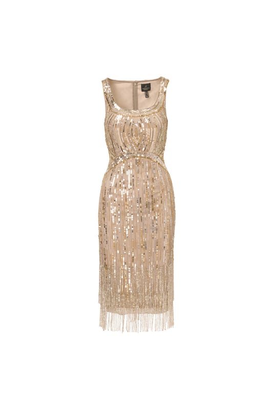 The all-over linear sequin and bead embellishment on this shimmering sleeveless cocktail dress defines your waist and bust with clever pattern placement. The star of the show is the fringe hem with two layers of beaded fringe to give the look lots of extra sparkle. A back zipper finishes the design. Wear this dress anytime you are planning to hit the dance floor, because this style is made to catch the light with every movement.