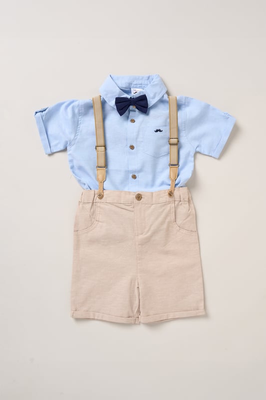 Dress your little one to impress with this delightful set from Little Gent. Featuring a shirt, bowtie, and shorts with attached braces. Perfect for special occasions or stylish outings, your little one will look effortlessly dapper and be ready to steal the spotlight!