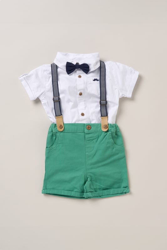 Dress your little one to impress with this delightful set from Little Gent. Featuring a shirt, bowtie, and shorts with attached braces. Perfect for special occasions or stylish outings, your little one will look effortlessly dapper and be ready to steal the spotlight!