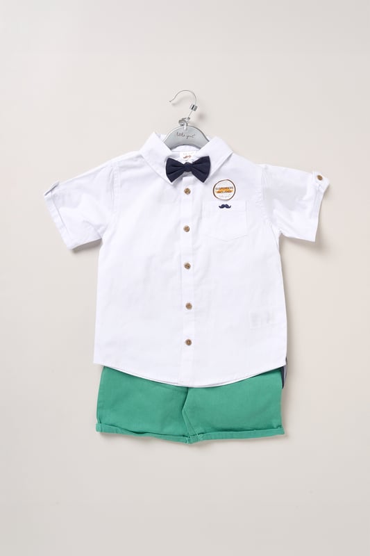 Dress your little one to impress with this delightful set from Little Gent. Featuring a shirt, bowtie, and shorts with attached braces. Perfect for special occasions or stylish outings, your little one will look effortlessly dapper and be ready to steal the spotlight!