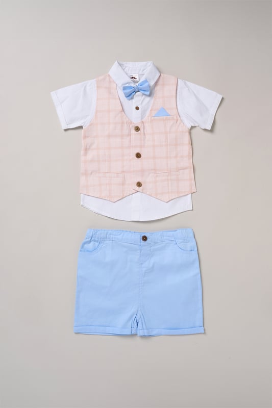 Shirt with Mock Waistcoat, Shorts and Bowtie Outfit Set Get your little one ready for summer events and holidays with this adorable set from Little Gent! Featuring a shirt with a mock waistcoat, matching shorts, and a dapper bowtie, it’s topped off with a cute decorative pocket square. Stylish and comfy, it’s perfect for making special memories in.