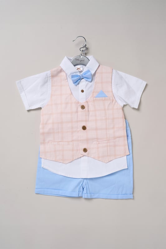 Shirt with Mock Waistcoat, Shorts and Bowtie Outfit Set Get your little one ready for summer events and holidays with this adorable set from Little Gent! Featuring a shirt with a mock waistcoat, matching shorts, and a dapper bowtie, it’s topped off with a cute decorative pocket square. Stylish and comfy, it’s perfect for making special memories in.