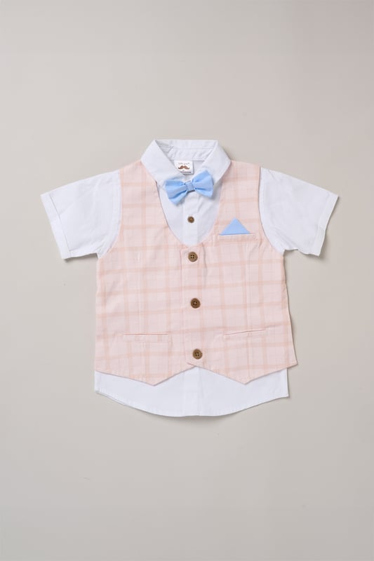 Shirt with Mock Waistcoat, Shorts and Bowtie Outfit Set Get your little one ready for summer events and holidays with this adorable set from Little Gent! Featuring a shirt with a mock waistcoat, matching shorts, and a dapper bowtie, it’s topped off with a cute decorative pocket square. Stylish and comfy, it’s perfect for making special memories in.