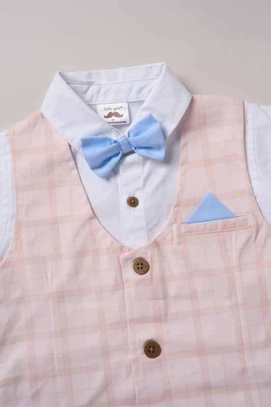 Shirt with Mock Waistcoat, Shorts and Bowtie Outfit Set Get your little one ready for summer events and holidays with this adorable set from Little Gent! Featuring a shirt with a mock waistcoat, matching shorts, and a dapper bowtie, it’s topped off with a cute decorative pocket square. Stylish and comfy, it’s perfect for making special memories in.