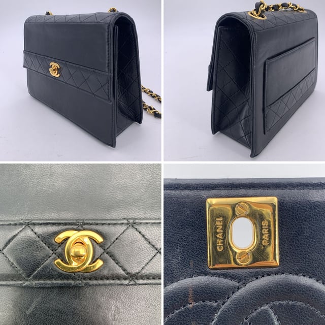 VINTAGE, RRP AS NEW
Vintage Chanel crossbody bag in black leather with Quilted leather trim. Structured design. Period/Era: 1989-1991. Flap with CC turn lock closure. Burgundy leather lining. 1 side pocket with button closure internally. Leather quilted shoulder strap. 1 rear open pocket. 4 bottom feet. 'CHANEL' and 'Made in france' embossed inside. ity hologram tag inside  Condition Rating: B - VERY GOOD CONDITIONCondition Details: Some scratches on leather due to normal use. Some scratches on leather internally. Some wear of use on bottom corners.Please, see the photos and/or ask if you have any doubts or if you need more information.Measurements (cm):Depth: 6.4Height: 14.0Length: 20.3Other Details: Dustbag? NoKeys? NoBox? No Measurments:  width: 64 mm length: 203 mm height: 140 mm
