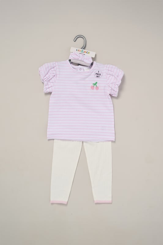 Printed T-Shirt, Leggings and Headband Outfit Set This 3-piece set from Lily and Jack includes a printed tee, matching comfy leggings, and a coordinating headband—perfect for easy dressing on sunny days. Stylish and comfortable, this set keeps your little one cool and cute while offering the perfect combination of comfort and style.