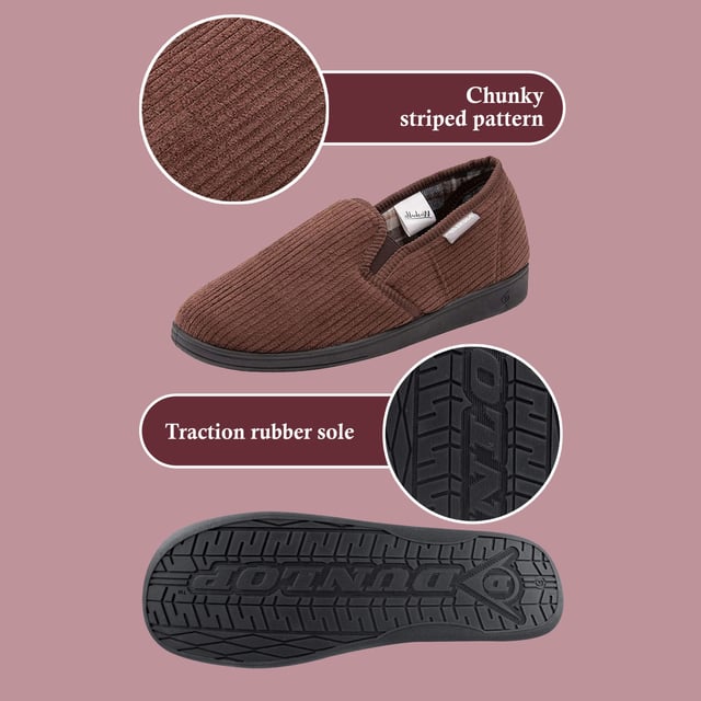 Dunlop - Men’s Tartan Lined Slippers With Memory Foam: Introducing Dunlop Men’s Tartan Lined Slippers. A perfect blend of style, comfort, and durability. These men's slippers feature a classic tartan print lining, providing a touch of sophistication to your loungewear. The memory foam padding ensures an exceptionally comfortable experience, creating a soft and supportive buffer between your feet and the floor. The cushioned insole provides an extra layer of comfort, making these slippers supremely soft for your relaxation. Designed with a hard-wearing traction rubber sole, these slippers offer increased comfort and protection. The Dunlop brand has an enviable reputation which extends to its slipper and casual footwear range. Offering the consumer a creative and inspired range of footwear with emphasis being placed on creative trims, innovative fabrics and outstanding comfort. Made from 100% Textile Upper with a rubber sole, there are 5 colours: Black, Navy, Brown, Burgundy & Charcoal. The slippers are available in sizes 7-12 UK. They are hand wash or a low temperature machine wash. Extra Product Details: Dunlop Men’s Slippers Tartan Print Lining Memory Foam Padding Hard Traction Rubber Sole Soft & Comfortable Dunlop Branded Available From Sizes 7-11 UK 5 Colour Options Machine Washable