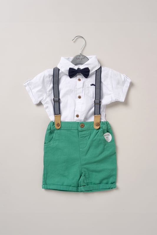 Bodysuit Shirt, Shorts and Braces Outfit Set Dress your little one to impress with this delightful set from Little Gent. Featuring a shirt bodysuit, bowtie, and shorts with attached braces. Perfect for special occasions or stylish outings, your little one will look effortlessly dapper and be ready to steal the spotlight!