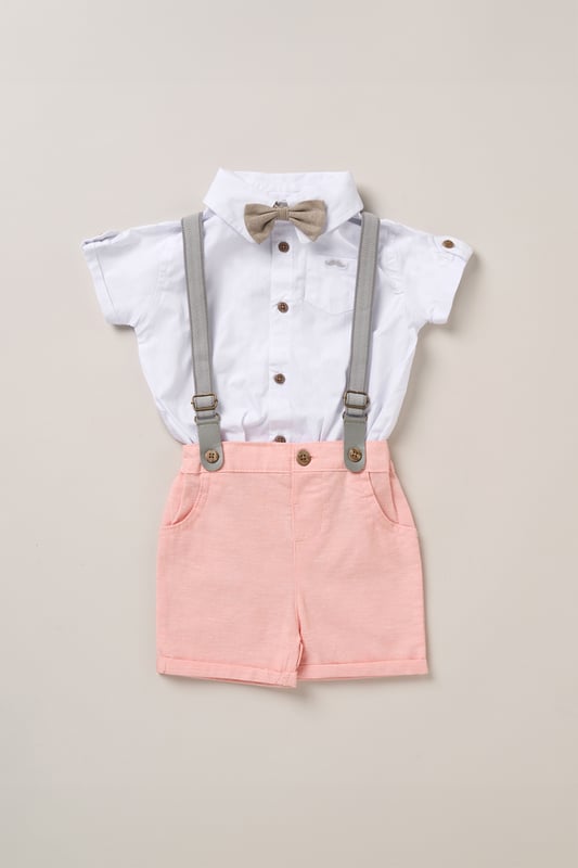 Dress your little one to impress with this delightful set from Little Gent. Featuring a shirt bodysuit, bowtie, and shorts with attached braces. Perfect for special occasions or stylish outings, your little one will look effortlessly dapper and be ready to steal the spotlight!