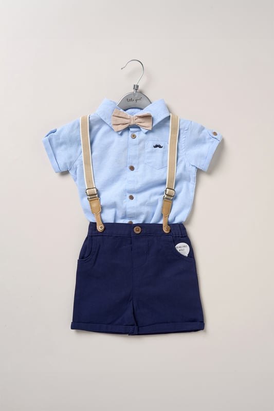 Bodysuit Shirt, Shorts and Braces Outfit Set Dress your little one to impress with this delightful set from Little Gent. Featuring a shirt bodysuit, bowtie, and shorts with attached braces. Perfect for special occasions or stylish outings, your little one will look effortlessly dapper and be ready to steal the spotlight!